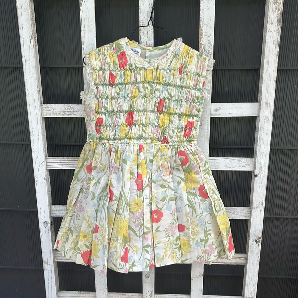 Vintage Floral Polly Flinders Green and Yellow and White Dress Kids Children’s
